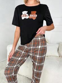 Cartoon Graphic Tee & Plaid Trousers PJ Set - Black - View 4