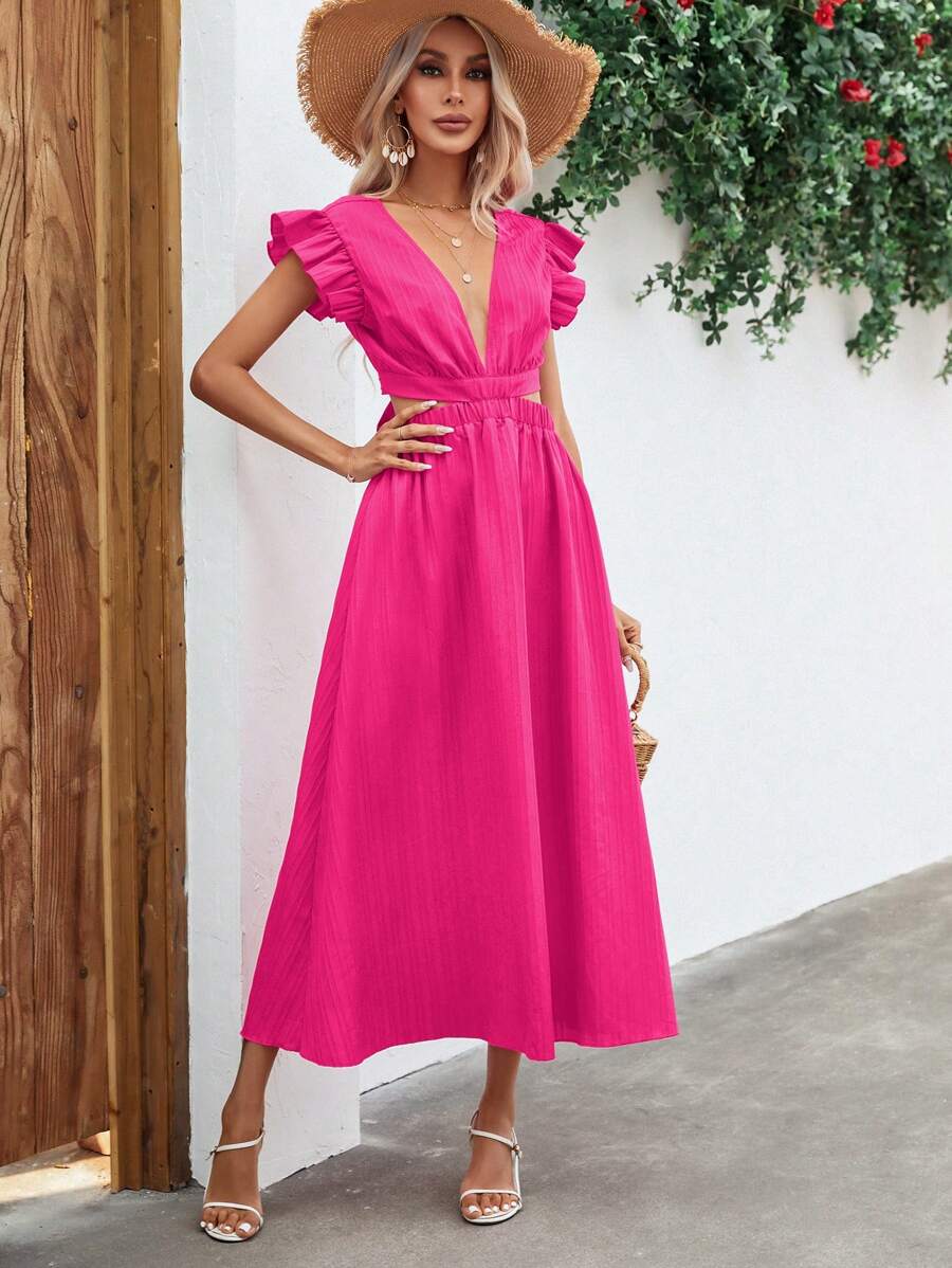 SHEIN VCAY Tie Back Cut Out Ruffle Trim Dress - Hot Pink - View 1