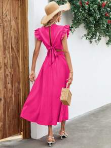 SHEIN VCAY Tie Back Cut Out Ruffle Trim Dress - Hot Pink - View 2