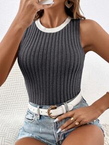 SHEIN Frenchy Top tank ribete en contraste tejido de canalé - Gris Oscuro - Ver 3