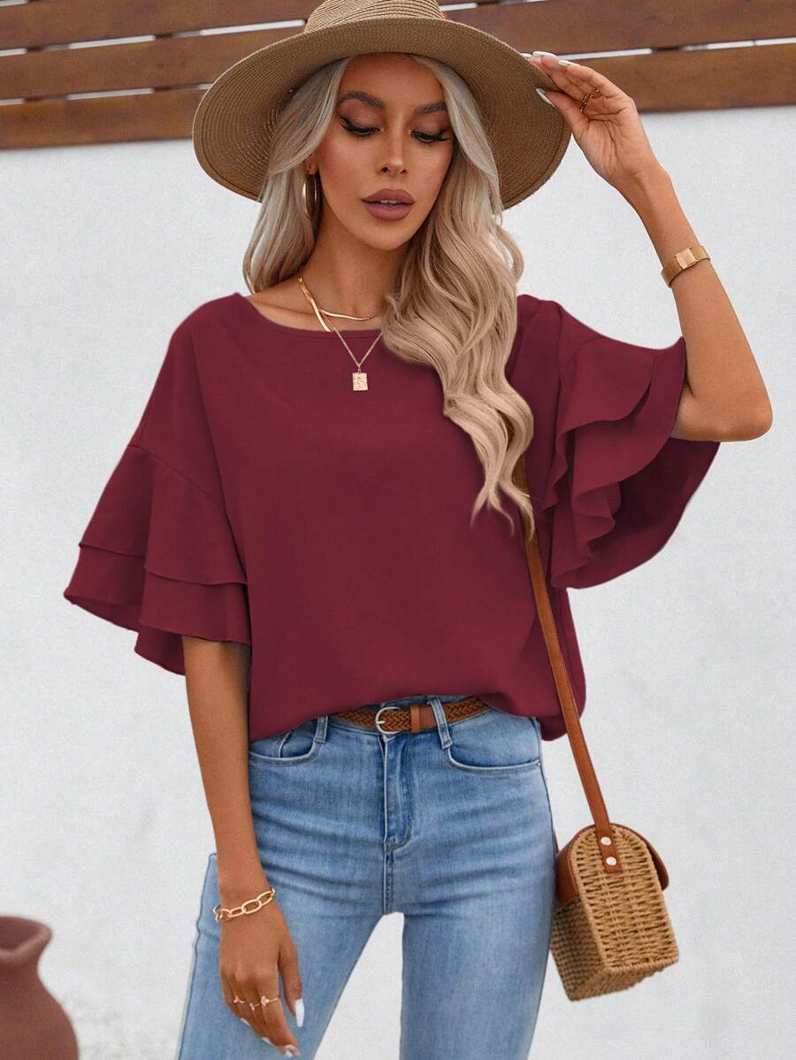 SHEIN VCAY Áo sơ mi nữ Xù phân lớp màu trơn Giải trí - Màu Đỏ Sâu - Xem 1