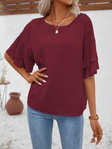 SHEIN VCAY Áo sơ mi nữ Xù phân lớp màu trơn Giải trí - Màu Đỏ Sâu - Xem 3