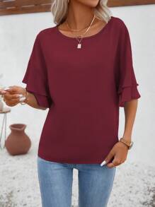 SHEIN VCAY Áo sơ mi nữ Xù phân lớp màu trơn Giải trí - Màu Đỏ Sâu - Xem 6