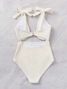Ribbed Knit Tie Shoulder One Piece Swimsuit - Beige - View 5