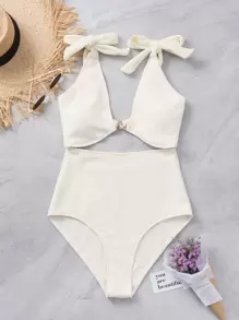 Ribbed Knit Tie Shoulder One Piece Swimsuit - Beige - View 6