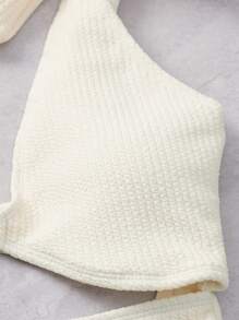 Ribbed Knit Tie Shoulder One Piece Swimsuit - Beige - View 7