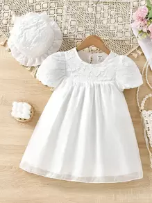 Toddler Girls Puff Sleeve Smock Dress With Hat - White - View 1