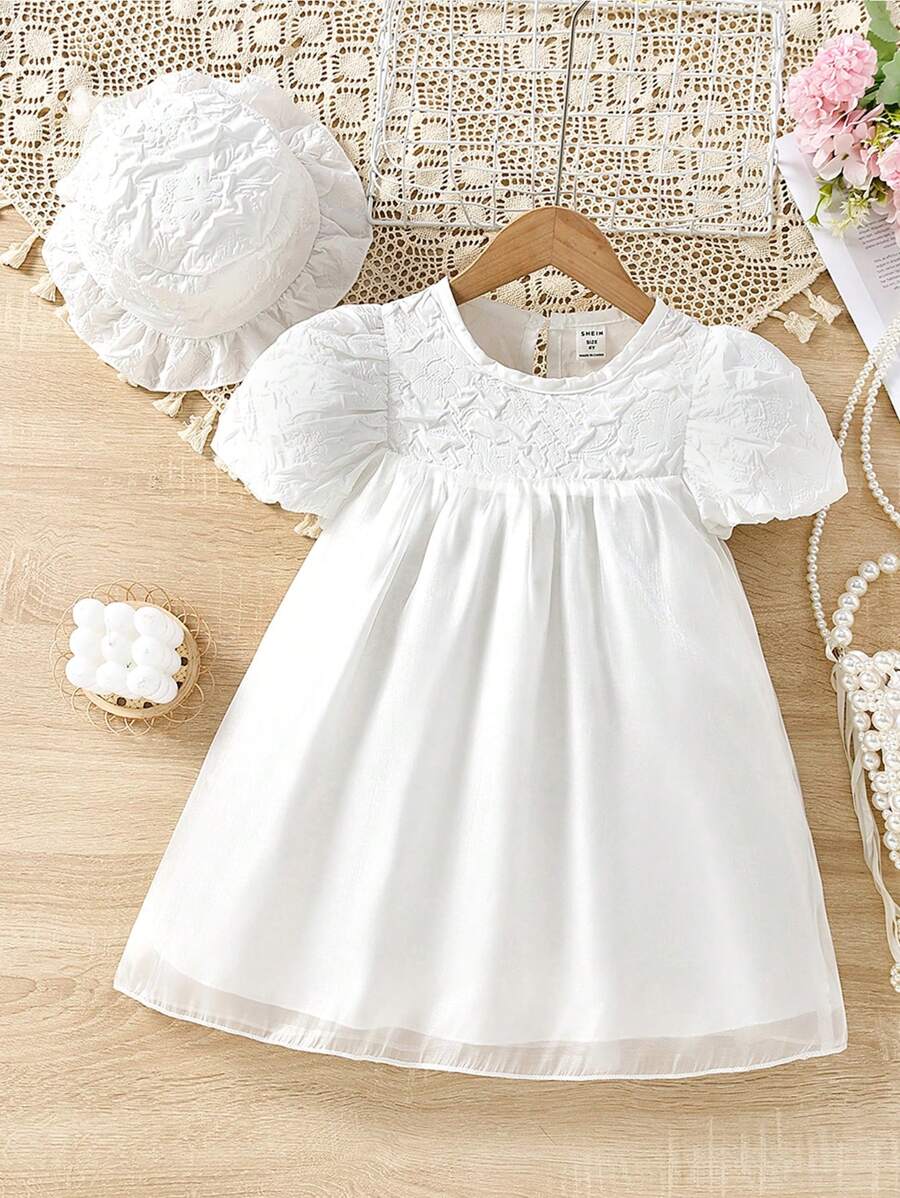 Toddler Girls Puff Sleeve Smock Dress With Hat - White - View 1