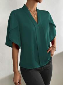 SHEIN Clasi Áo sơ mi nữ màu trơn Thanh lịch - Màu xanh lá cây đậm - Xem 3