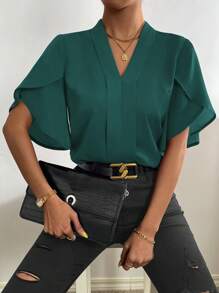 SHEIN Clasi Áo sơ mi nữ màu trơn Thanh lịch - Màu xanh lá cây đậm - Xem 4