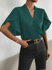 SHEIN Clasi Áo sơ mi nữ màu trơn Thanh lịch - Màu xanh lá cây đậm - Xem 6