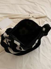 Túi đeo vai họa tiết hoa mờ, Túi đeo chéo dễ thương cho mùa đông, Ví nữ dây kéo - Đen và trắng - Xem 4