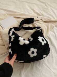 Túi đeo vai họa tiết hoa mờ, Túi đeo chéo dễ thương cho mùa đông, Ví nữ dây kéo - Đen và trắng - Xem 5