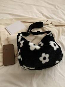 Túi đeo vai họa tiết hoa mờ, Túi đeo chéo dễ thương cho mùa đông, Ví nữ dây kéo - Đen và trắng - Xem 6