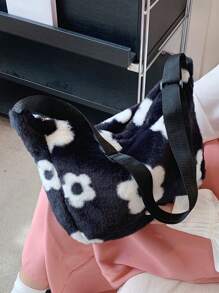 Túi đeo vai họa tiết hoa mờ, Túi đeo chéo dễ thương cho mùa đông, Ví nữ dây kéo - Đen và trắng - Xem 8