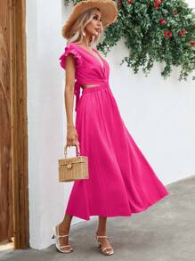 SHEIN VCAY Tie Back Cut Out Ruffle Trim Dress - Hot Pink - View 4