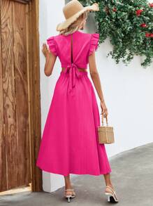 SHEIN VCAY Tie Back Cut Out Ruffle Trim Dress - Hot Pink - View 5