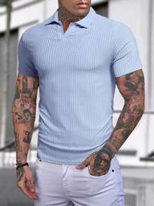 Manfinity Hombres Camisa polo unicolor tejido de canalé - Celeste - Ver 1