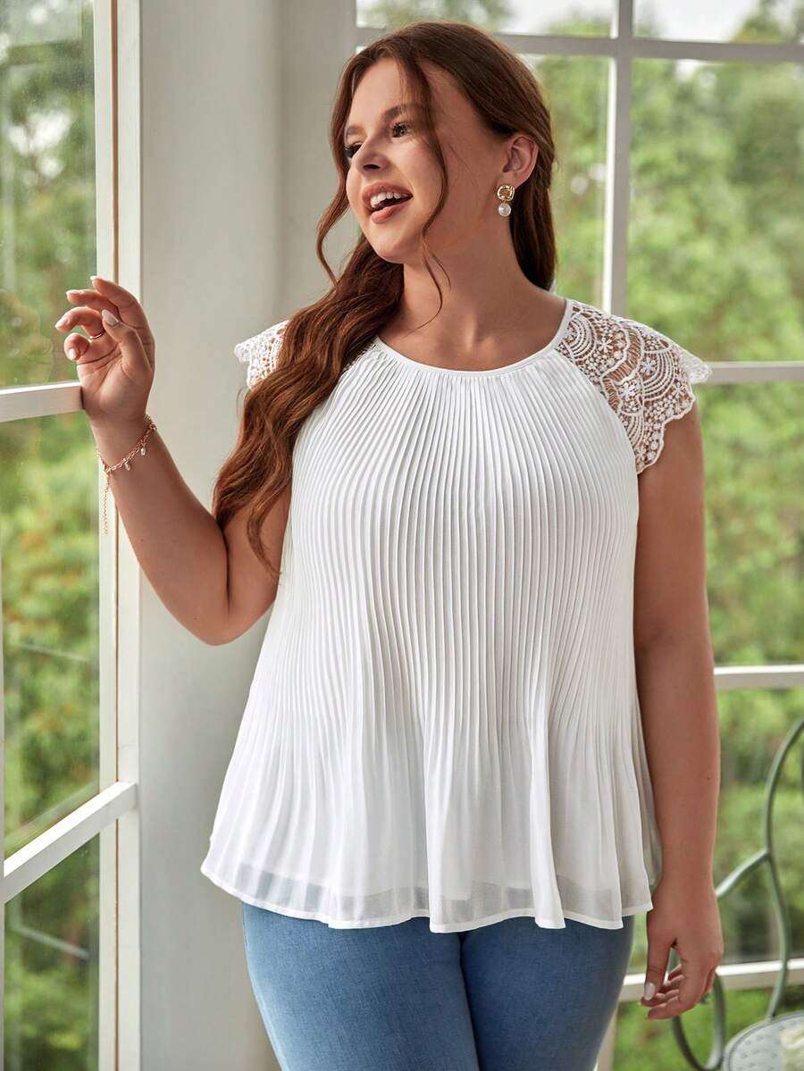 SHEIN Frenchy Áo sơ mi Plus Size Nút Tương phản ren Xếp li màu trơn Giải trí - trắng - Xem 1