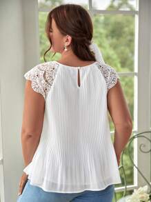 SHEIN Frenchy Áo sơ mi Plus Size Nút Tương phản ren Xếp li màu trơn Giải trí - trắng - Xem 2