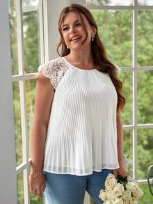 SHEIN Frenchy Áo sơ mi Plus Size Nút Tương phản ren Xếp li màu trơn Giải trí - trắng - Xem 5