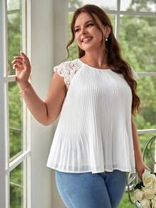 SHEIN Frenchy Áo sơ mi Plus Size Nút Tương phản ren Xếp li màu trơn Giải trí - trắng - Xem 7