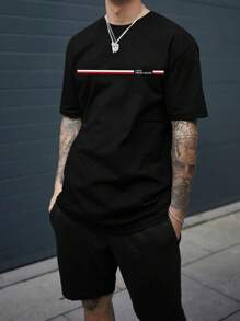 Manfinity Homme 男士字母圖案T恤和腰部抽繩短褲 - 黑色 - 查看 1