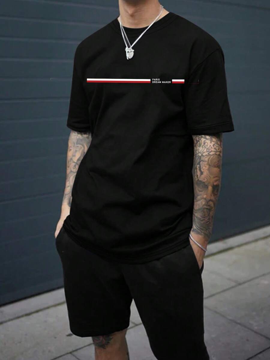 Manfinity Homme 男士字母圖案T恤和腰部抽繩短褲 - 黑色 - 查看 1