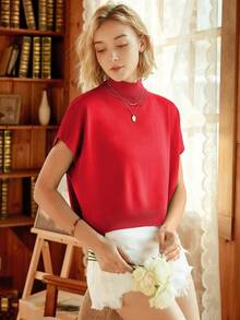 Knit Mix Áo len nữ thanh lịch, thời trang xuân hè, kiểu dáng Pháp đơn giản, không tay, cổ cao, tay cánh dơi, thích hợp mặc ở nhà hàng ngày. - Đỏ - Xem 4