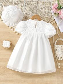 Toddler Girls Puff Sleeve Smock Dress With Hat - White - View 2