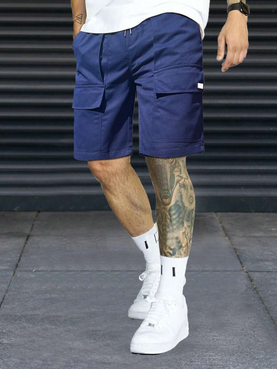 Manfinity Men Flap Pocket Drawstring Waist Cargo Shorts - Navy Blue - View 1