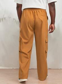 EASEVO Men Letter Patched Detail Flap Pocket Side Drawstring Waist Cargo Trousers - Mustard Yellow - View 2
