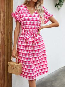 SHEIN VCAY Plaid Print Flounce Sleeve Belted Dress - Hot Pink - View 1