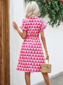 SHEIN VCAY Plaid Print Flounce Sleeve Belted Dress - Hot Pink - View 2