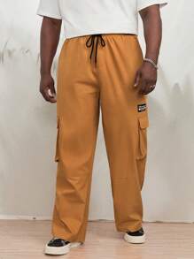 EASEVO Men Letter Patched Detail Flap Pocket Side Drawstring Waist Cargo Trousers - Mustard Yellow - View 3