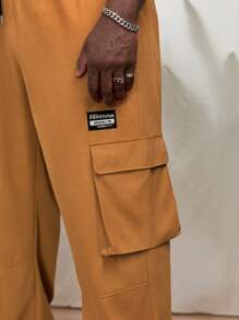 EASEVO Men Letter Patched Detail Flap Pocket Side Drawstring Waist Cargo Trousers - Mustard Yellow - View 6