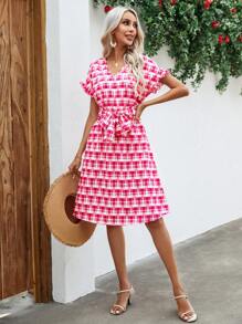 SHEIN VCAY Plaid Print Flounce Sleeve Belted Dress - Hot Pink - View 3