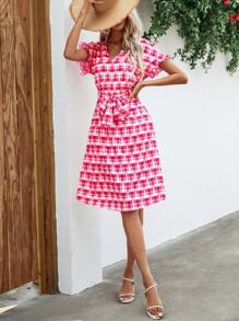SHEIN VCAY Plaid Print Flounce Sleeve Belted Dress - Hot Pink - View 4