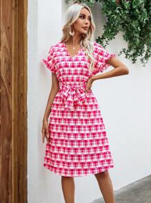 SHEIN VCAY Plaid Print Flounce Sleeve Belted Dress - Hot Pink - View 5