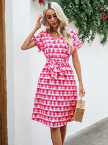 SHEIN VCAY Plaid Print Flounce Sleeve Belted Dress - Hot Pink - View 6
