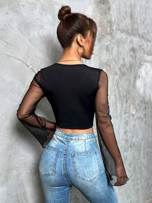 Grunge Contrast Mesh Flounce Sleeve Lace Up Front Crop Top - Black - View 2
