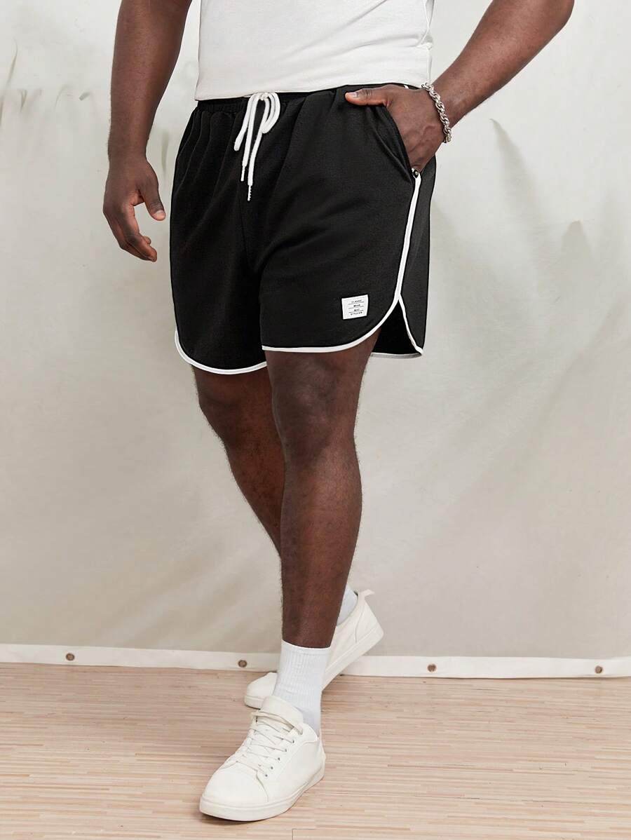EASEVO Hombres Shorts con parche de letra unido en contraste de cintura con cordón - Negro - Ver 1