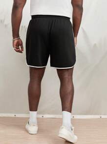 EASEVO Hombres Shorts con parche de letra unido en contraste de cintura con cordón - Negro - Ver 2