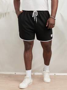 EASEVO Hombres Shorts con parche de letra unido en contraste de cintura con cordón - Negro - Ver 3