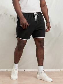 EASEVO Hombres Shorts con parche de letra unido en contraste de cintura con cordón - Negro - Ver 5