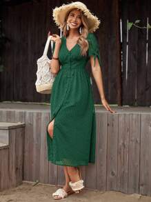 SHEIN Frenchy Chấm Swiss Knot Cuff Nút phía trước Chiffon Đầm - Màu xanh lá cây đậm - Xem 6