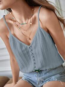 SHEIN Frenchy 素色前紐扣吊帶上衣 - 霧霾藍 - 查看 1