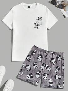 SHEIN Men Panda Print Tee & Shorts PJ Set - Multicolor - View 1