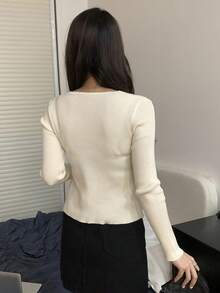 Solid Surplice Neck Ruched Ribbed Sweater - Apricot - View 2