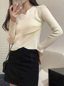 Solid Surplice Neck Ruched Ribbed Sweater - Apricot - View 3